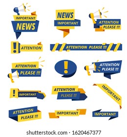 Important badges. Attention notice announcement stickers vector collection stylized promotional graphics