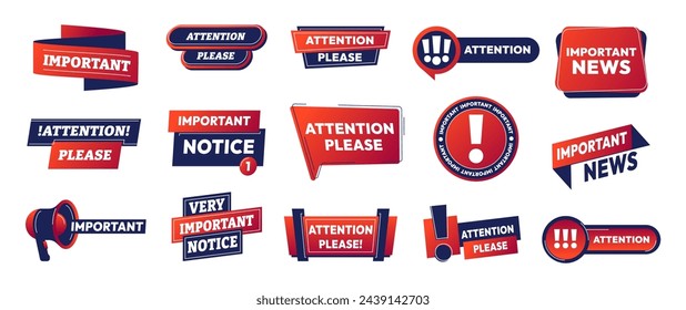 Important badges. Warning and caution stickers, alert and danger announcement symbols, offer and sale banner frames. Vector isolated collection. News red labels of different shapes