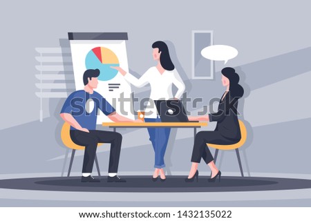 Important business discussion vector illustration. Smart colleagues participating in intense brainstorming process. Woman making biz presentation of new start-up flat style design. Meeting concept