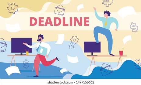 Important Business Project Deadline, Time Management, Lack of Time, People Overwork Flat Vector Concept. Running and Hurrying in Business Businessmen, Company Employee Standing on Desk Illustration