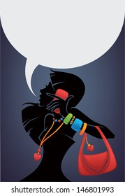 important call, vector image of happy girl with red bag chatting on phone