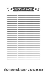 Important Dates. Vector Template for Agenda, Planner and Other Stationery. Printable Organizer for Study, School or Work. Objects Isolated on White Background.