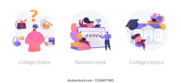 Important decision making, higher education institution choosing, student lifestyle icons set. College choice, revision week, college campus metaphors. Vector isolated concept metaphor illustrations