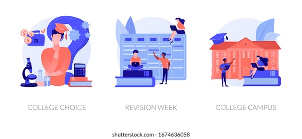 Important decision making, higher education institution choosing, student lifestyle icons set. College choice, revision week, college campus metaphors. Vector isolated concept metaphor illustrations