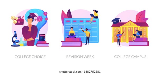 Important decision making, higher education institution choosing, student lifestyle icons set. College choice, revision week, college campus metaphors. Vector isolated concept metaphor illustrations