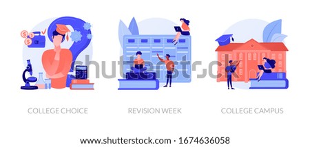 Important decision making, higher education institution choosing, student lifestyle icons set. College choice, revision week, college campus metaphors. Vector isolated concept metaphor illustrations