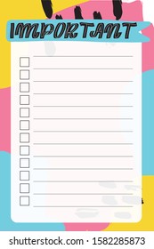 Important. To do list with retro background and trendy lettering. Memphis style. Template for agenda, planners, check lists, and other stationery. Isolated. Vector stock illustration.
