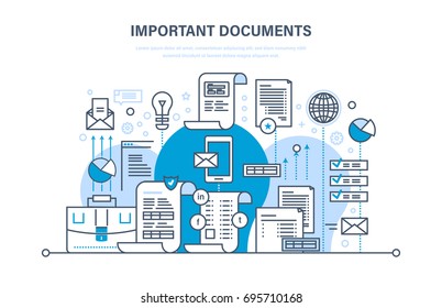 Important documents concept. Business documents, business accounts, working reporting files, statistics, marketing research results, mail messages. Illustration thin line design of vector doodles