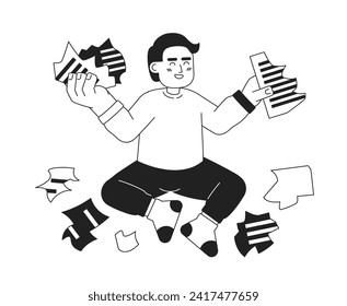 Important documents ruined by toddler naughty black and white cartoon flat illustration. Laugh caucasian kid tears paper linear 2D character isolated. Happy accident monochromatic scene vector image