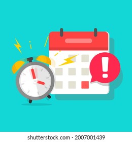 Important due date deadline in calendar organizer message alert or reminder caution notification notice with alarm clock signaling meeting or project event warning vector concept flat cartoon