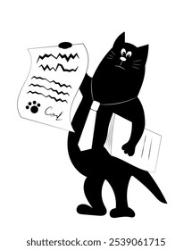 Importante gato gordo segurando documentos. Personagem humorístico. Ilustração em desenho animado vetorial, preto e branco.