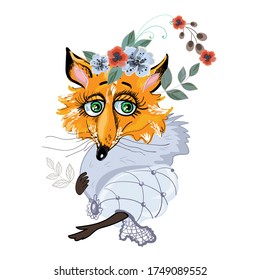 Important fox in a beautiful dress with flowers on her head on a white background