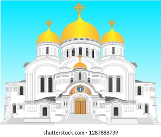 An important, historic Russian cathedral with a monastery in Nizhny Novgorod, in the Byzantine-Romanesque style, with many adornments, columns, arches, windows.
