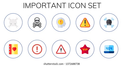 important icon set. 10 flat important icons.  Collection Of - danger, agenda, exclamation mark, warning, vip, error