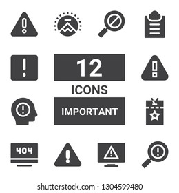 important icon set. Collection of 12 filled important icons included Warning, Error, Vip pass, Paramount, Guest list, Attention