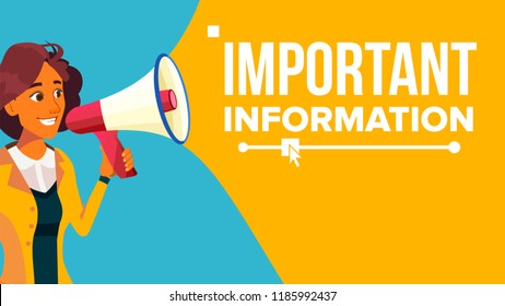 Important Information Banner Vector. Business Woman With Megaphone. Loudspeaker. Business Advertising. Place For Text. Attention Illustration