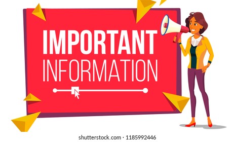 Important Information Banner Vector. Business Woman With Megaphone. Loudspeaker. Business Advertising. Place For Text. Attention Illustration