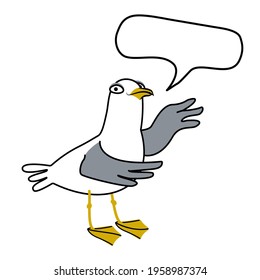 Important information, caution, gesture, demonstration, communication concept. Fun cartoon seagull draws attention ,telling something with bubble and poiting wing upward.  Vector doodle illustration.