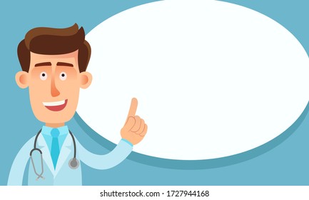 Important information from a doctor, blank banner. Physician with empty speech bubble. Vector illustration, flat design, cartoon style.