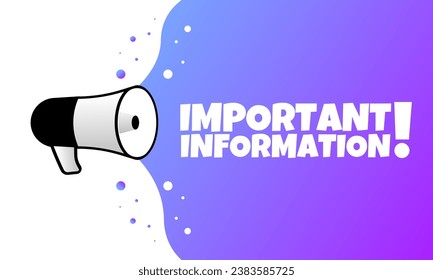 Signo de información importante. Plano, púrpura, texto de un megáfono, información importante. Icono de vector
