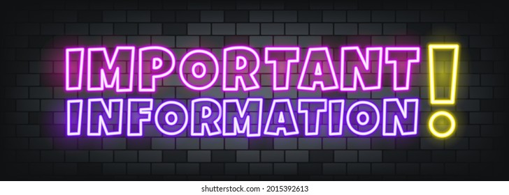 Important infornation neon text on the stone background. Important information. For business, marketing and advertising. Vector on isolated background. EPS 10.