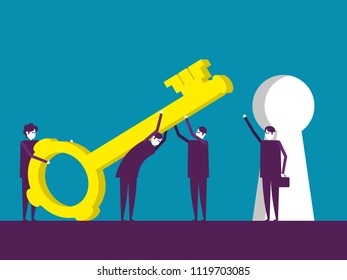 Important key, Business team and big key. Vector illustration business concept, Teamwork, Partnership, Office workers.
