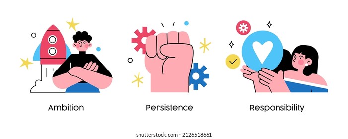 Important Leadership Skills for Business Success- set of concept illustrations. Ambition, Persistence, Responsibility. Visual stories collection