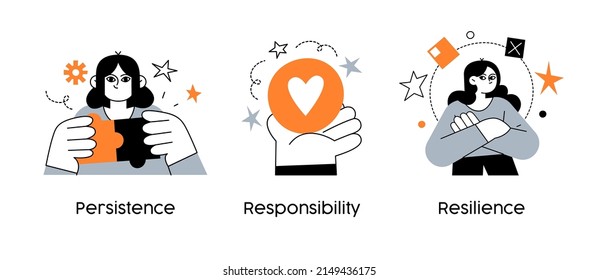 Important Leadership Skills for Business Success- set of concept illustrations. Persistence, Responsibility, Resilence. Visual stories collection