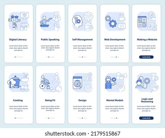 Importantes habilidades para la vida de la pantalla de la aplicación móvil azul claro incorporado. Recorrido 5 pasos instrucciones gráficas editables con conceptos lineales. UI, UX, plantilla GUI. Multitud de tipos de letra Pro-Bold, con uso regular