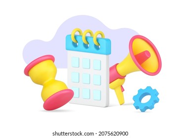 Important meeting, agenda, alert reminder with schedule, hourglasses and megaphone 3d icon isometric vector illustration. Time management and deadline notification application isolated on white