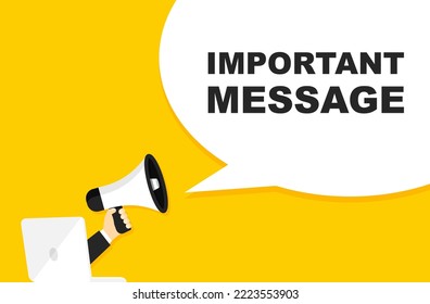 Important message banner with loudspeaker. Alarm speech poster. Commercial announcement. Banner for marketing, advertising and business. Vector illustration.