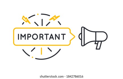 Importante plantilla de banner de mensajes para los medios sociales. Afiche de mensajes importantes con relámpago, burbuja de voz e icono de megáfono. Ilustración del vector