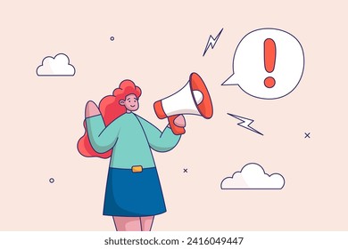 Concepto de mensaje importante. Anuncio de atención, transmisión de comunicación, altavoz o exclamación de voz alta, empresaria de confianza hablando en megáfono con atención exclamadora.