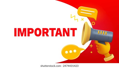 Important message, megaphone announces news, banner service. Vector illustration
