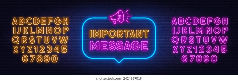 Important Message neon sign in the speech bubble on brick wall background.