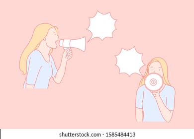 Important message, using loudspeaker, making announcement. Young woman, PR manager sharing promotional information. Female activist, volunteer speaking with megaphone. Simple flat vector