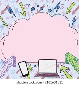 Important Message Written In Cloud Above Lap Top, Mobile Phone, Arrows And Lightning Bolts. Crutial Information Presented In Cloudy Frame With Cellphone And Computer Under.