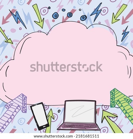 Important Message Written In Cloud Above Lap Top, Mobile Phone, Arrows And Lightning Bolts. Crutial Information Presented In Cloudy Frame With Cellphone And Computer Under.