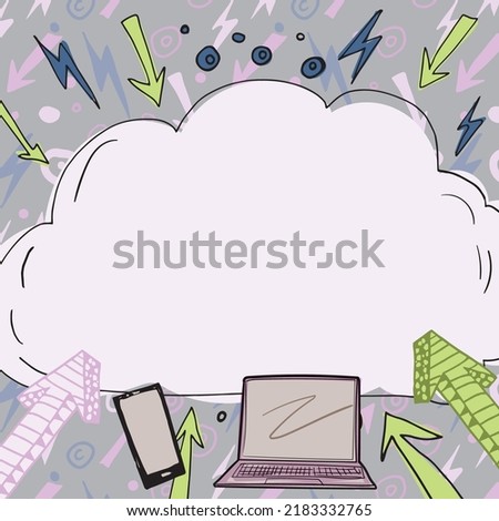Important Message Written In Cloud Above Lap Top, Mobile Phone, Arrows And Lightning Bolts. Crutial Information Presented In Cloudy Frame With Cellphone And Computer Under.