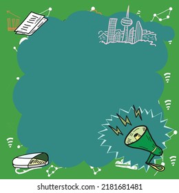 Important Messages Presented In Frame With Megaphone, Chart And Skyline. Crutial Informations Shown. Critical Announcements Displayed With Drawings Around.