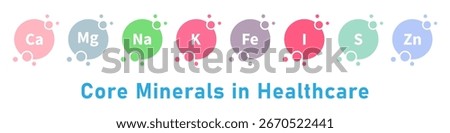 Important Minerals Used in Medicine Vector Collection. Potassium, Iron, Zinc, Sulfur, Calcium, Iodine, Magnesium, Sodium