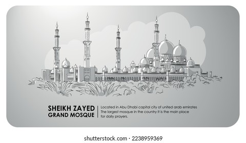 
Important mosque of islam On gray background, islamic history, tourist attraction, world heritage, building. line art black and white vector illustration.