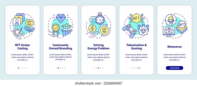 Important NFT trends onboarding mobile app screen. Marketing walkthrough 5 steps editable graphic instructions with linear concepts. UI, UX, GUI template. Myriad Pro-Bold, Regular fonts used