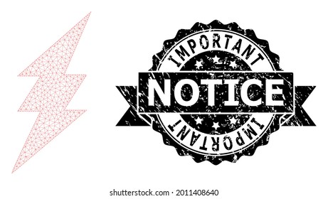 Important Notice corroded stamp seal and vector electric spark mesh structure. Black stamp has Important Notice caption inside ribbon and rosette. Abstract flat mesh electric spark,