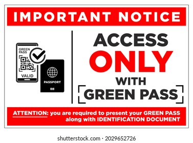 Important notice green pass required with id. Announcement before entering a public place during the coronavirus pandemic. Vector