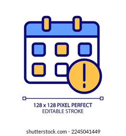 Important notification from calendar pixel perfect RGB color icon. Upcoming important event. Get reminder. Isolated vector illustration. Simple filled line drawing. Editable stroke. Arial font used