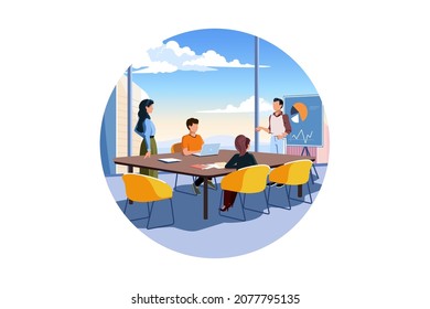 Important office meeting with discussion vector illustration. Corporate conference with company colleagues flat style. Solve problem concept