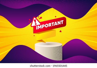Wichtiger Papierbanner. Hintergrund mit Podium-Plattform. Aufmerksamkeitsnachricht-Tag. Symbol für Ausrufezeichen. Dotted bieten Podiumbanner an. Dotwork-Plattform-Hintergrund. Wichtiges Bannerzeichen. Vektorgrafik