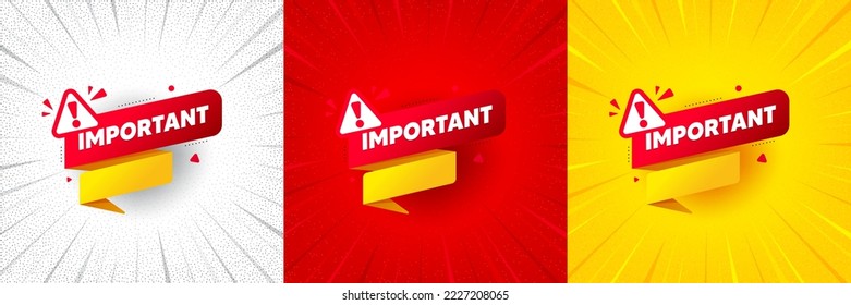 Important paper banner. Flash offer banner, coupon or poster. Attention message tag. Warning exclamation mark icon. Important banner promo banner. Retail marketing flyer. Starburst pop art. Vector