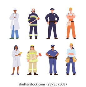 Important people job occupation, professional man woman of safety rescue service vector illustration